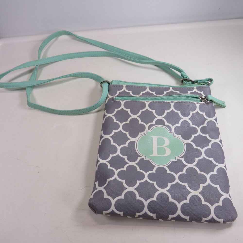Crossbody Purse Mint Green Monogram "B" and Gray Quatrefoil Pattern